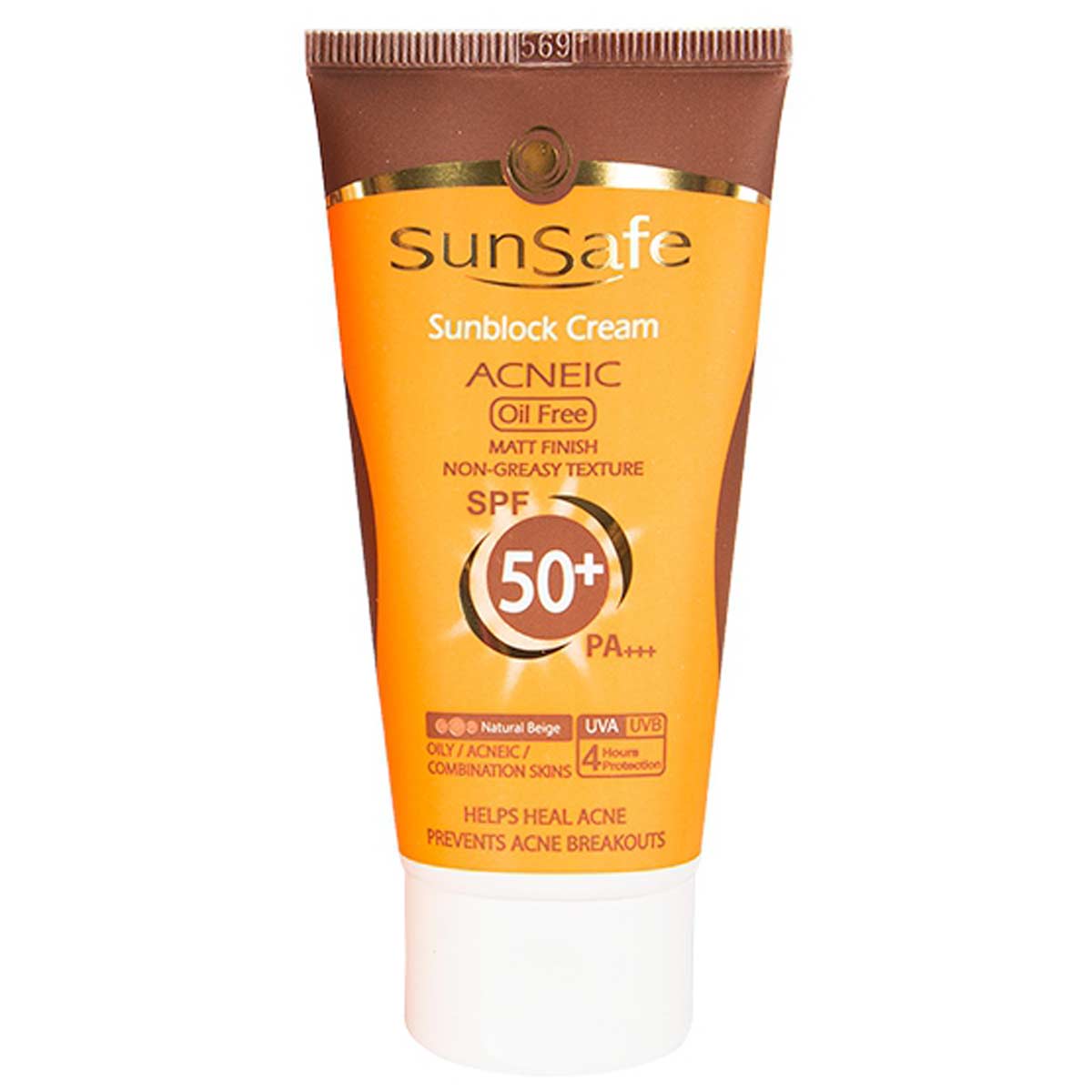 کرم ضد آفتاب SPF50 فاقد چربی مناسب پوست چرب و جوش دار سان سیف (بژ طبیعی)