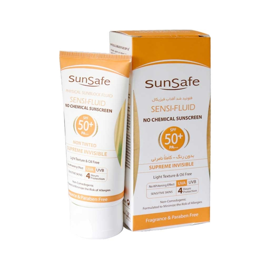 کرم ضد آفتاب +SPF50 فلوئید فیزیکال بدون رنگ مناسب پوست حساس سان سیف